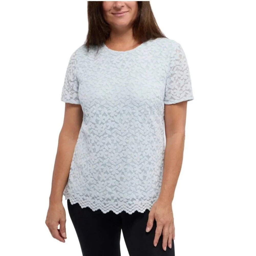 Teddi Rose Women's Size XL Light Blue Lace Lined Short Sleeve Blouse Top NWT
